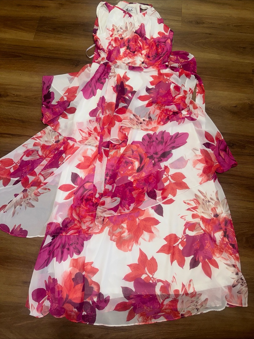 Tahari Pink & Coral Floral Halter Tiered Maxi Dress Size 12 - Picture 5 of 6